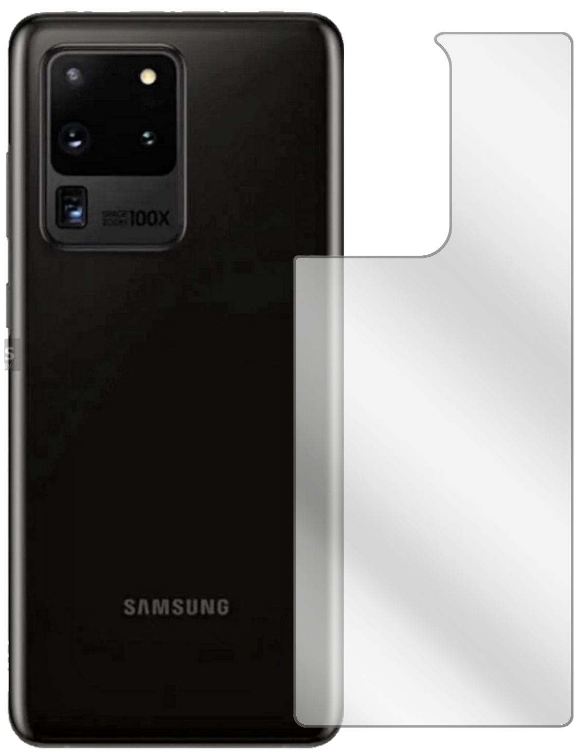 SamsungGalaxy S20 Ultra 5G Rückseite mit aufgebrachter dipos Displayschutzfolie, glasklare Darstellung ohne Einschränkungen