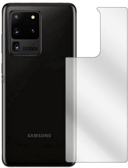 SamsungGalaxy S20 Ultra 5G Rückseite mit aufgebrachter dipos Displayschutzfolie, glasklare Darstellung ohne Einschränkungen