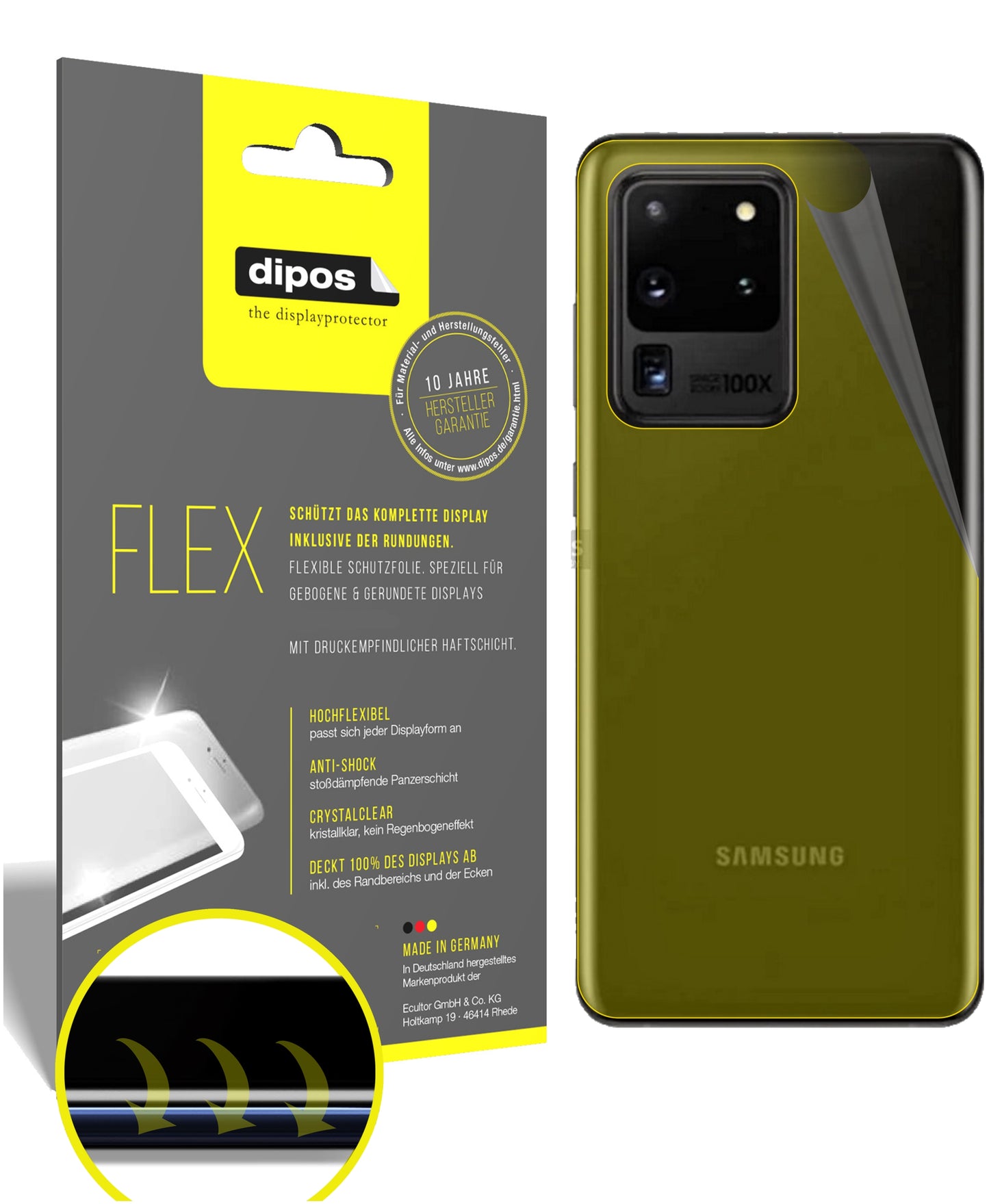 Klare Displayschutzfolie von dipos passend für Samsung Galaxy S20 Ultra 5G Rückseite, 100% Displayabdeckung und blasenfreie Montage