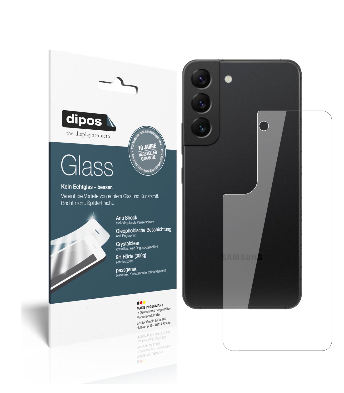 Klare Displayschutzfolie von dipos passend für Samsung Galaxy S22 Rückseite, 9H kratzfest und blasenfrei montiert