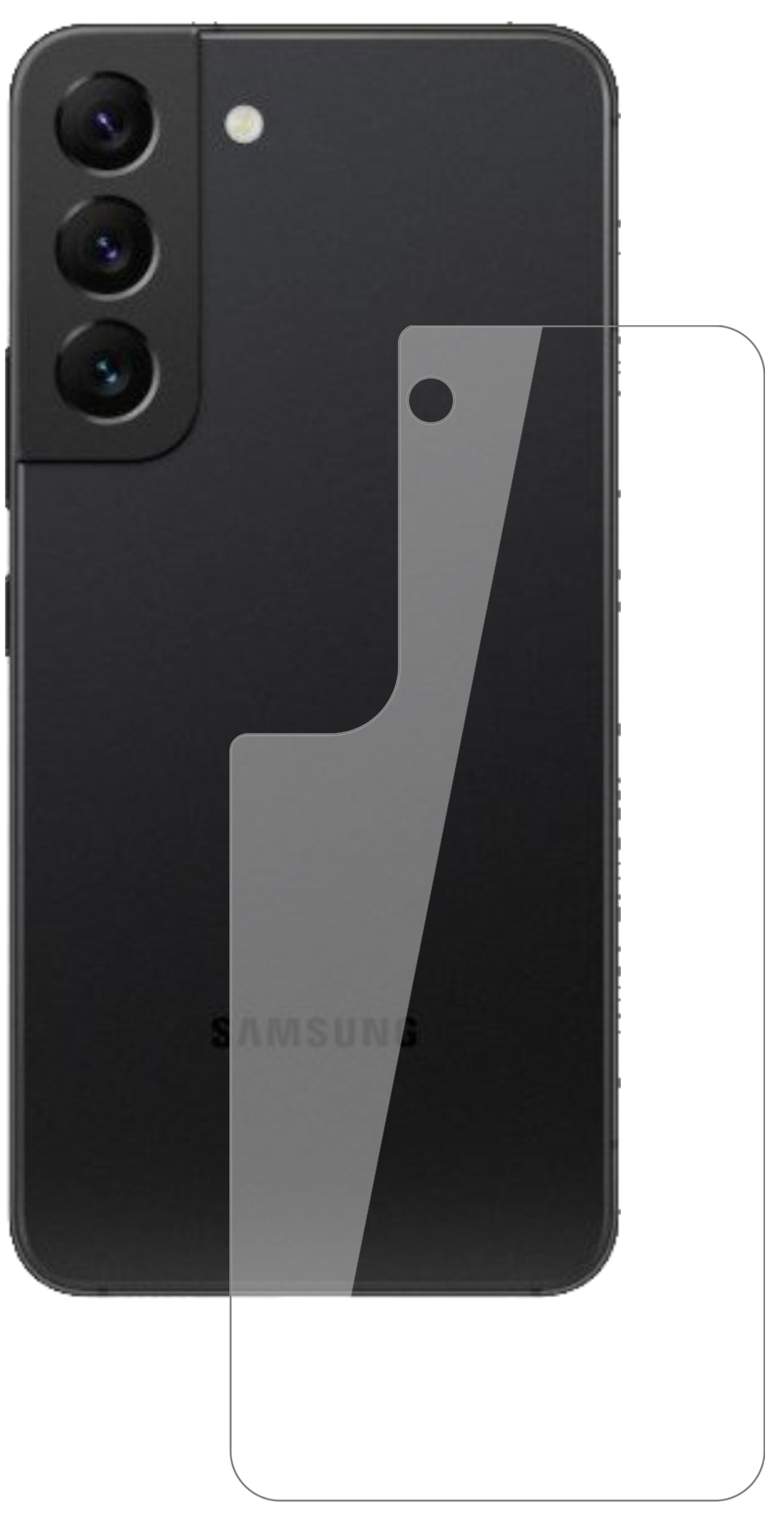 SamsungGalaxy S22 Rückseite mit aufgebrachter dipos Flex Schutzfolie, glasklare Darstellung ohne Einschränkungen