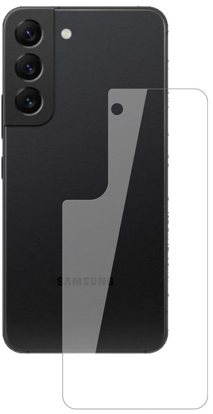 SamsungGalaxy S22 Rückseite mit aufgebrachter dipos Flex Schutzfolie, glasklare Darstellung ohne Einschränkungen