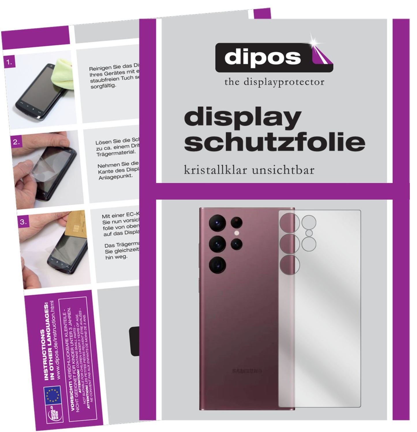 Klare Displayschutzfolie von dipos passend für Samsung Galaxy S22 Ultra Rückseite, präziser Zuschnitt und blasenfrei montiert