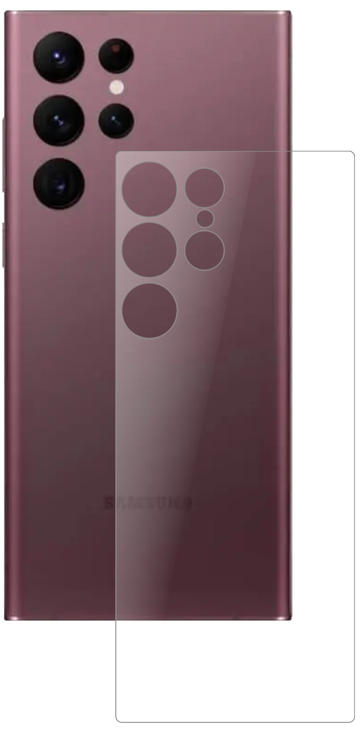 SamsungGalaxy S22 Ultra Rückseite mit aufgebrachter dipos Panzerfolie, die lästige Fingerabdrücke minimiert