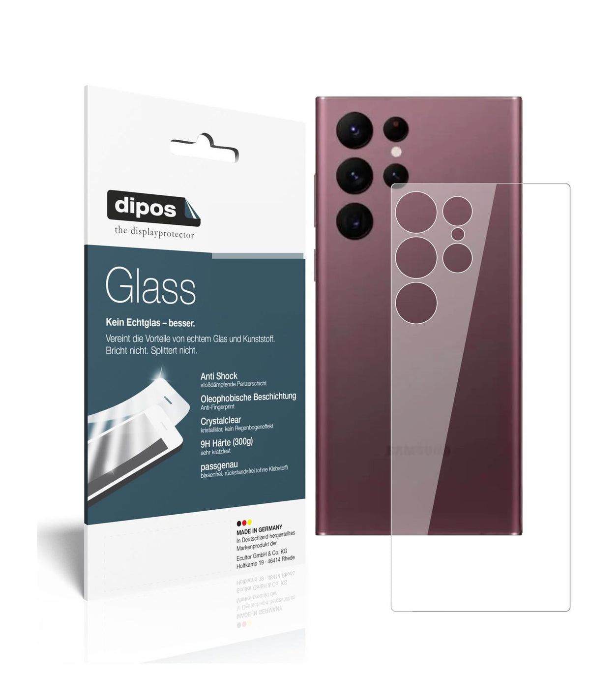 Klare Displayschutzfolie von dipos passend für Samsung Galaxy S22 Ultra Rückseite, 9H kratzfest und blasenfrei montiert
