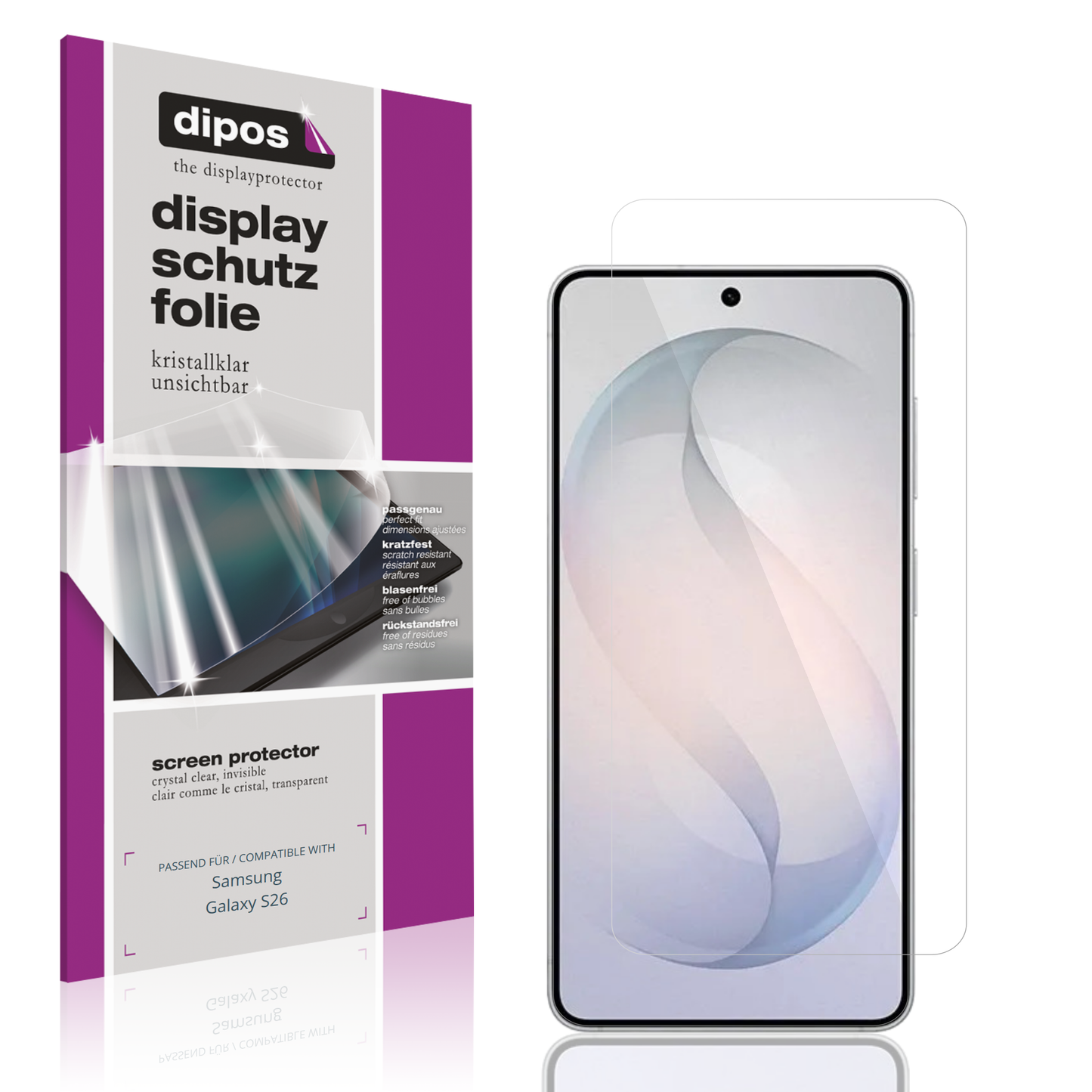 Klare Displayschutzfolie von dipos passend für Samsung Galaxy S26, präziser Zuschnitt und blasenfrei montiert