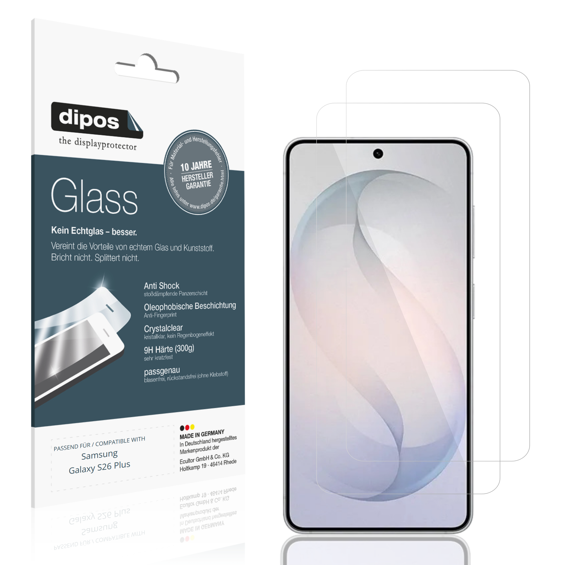 Klare Displayschutzfolie von dipos passend für Samsung Galaxy S26 Plus, 9H kratzfest und blasenfrei montiert