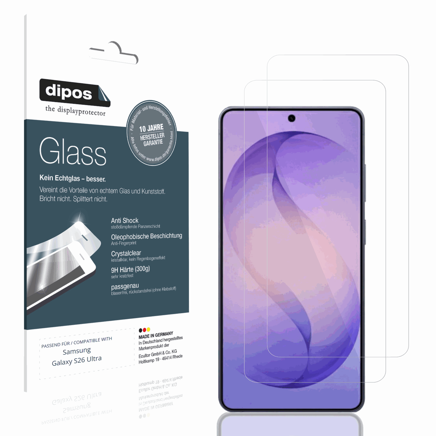 Klare Displayschutzfolie von dipos passend für Samsung Galaxy S26 Ultra, 9H kratzfest und blasenfrei montiert