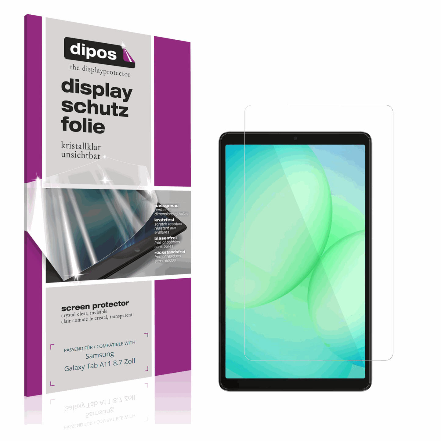 Klare Displayschutzfolie von dipos passend für samsunggalaxy tab a11 8.7 zoll, präziser Zuschnitt und blasenfrei montiert