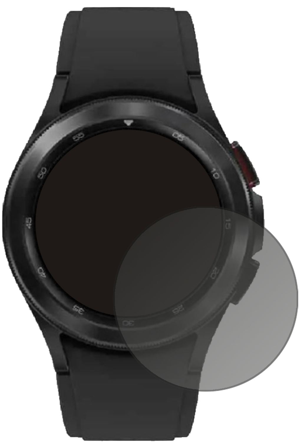 SamsungGalaxy Watch 4 Classic (42 mm) mit aufgebrachtem dipos Displayschutz, der seitliche Einblicke blockiert