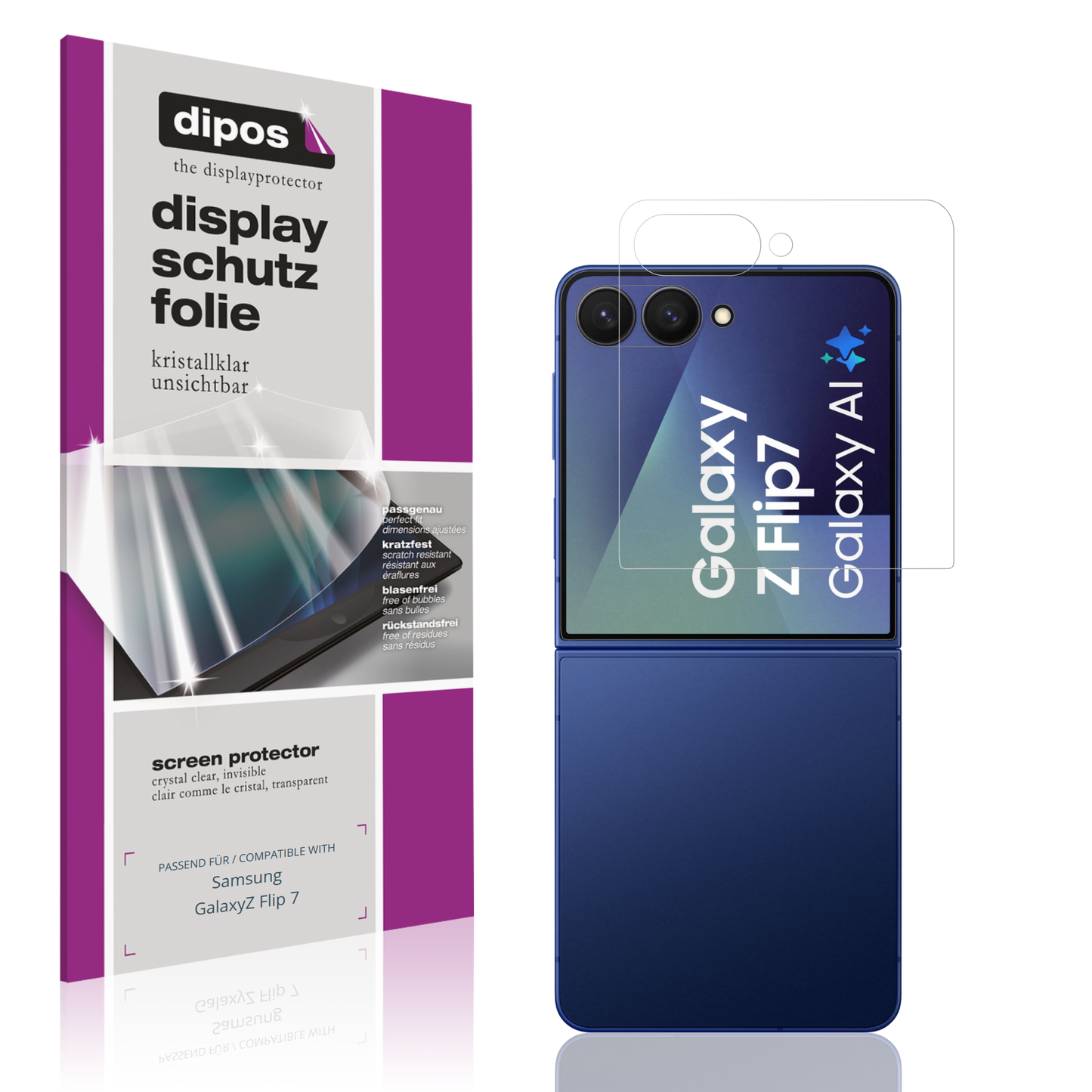 Klare Displayschutzfolie von dipos passend für Samsung GalaxyZ Flip 7, präziser Zuschnitt und blasenfrei montiert