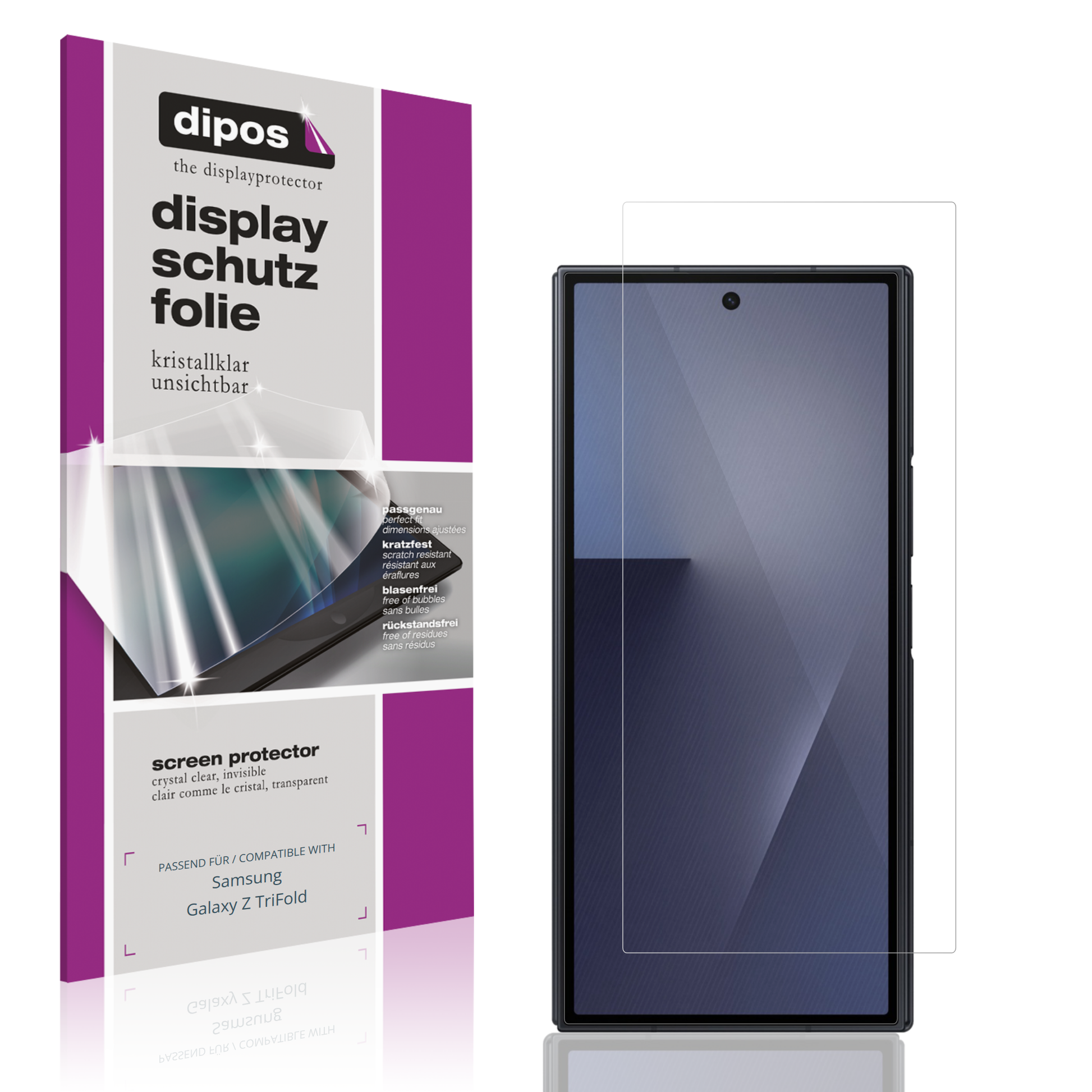 Klare Displayschutzfolie von dipos passend für Samsung Galaxy Z TriFold Aussenseite, präziser Zuschnitt und blasenfrei montiert