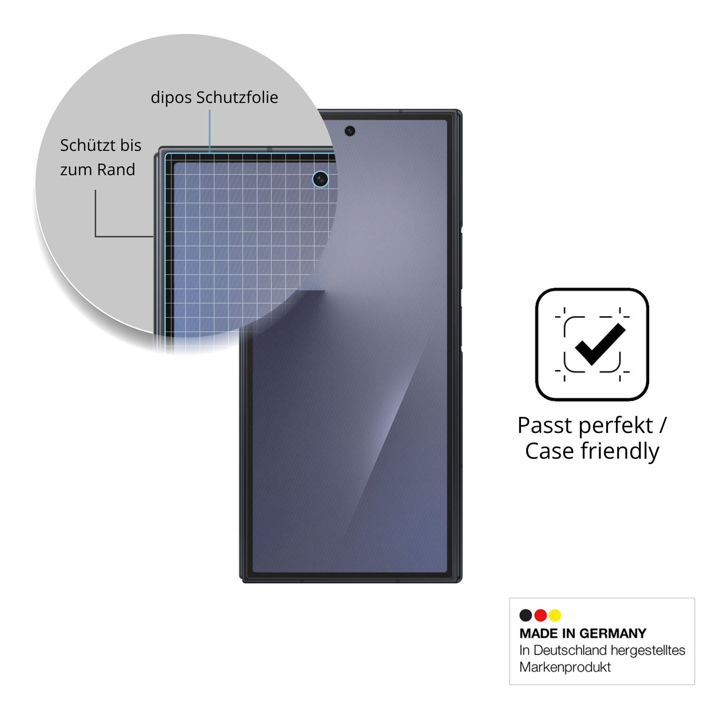 Schutzglasfolie mit optimaler Passform, zur Verwendung mit Hüllen geeignet