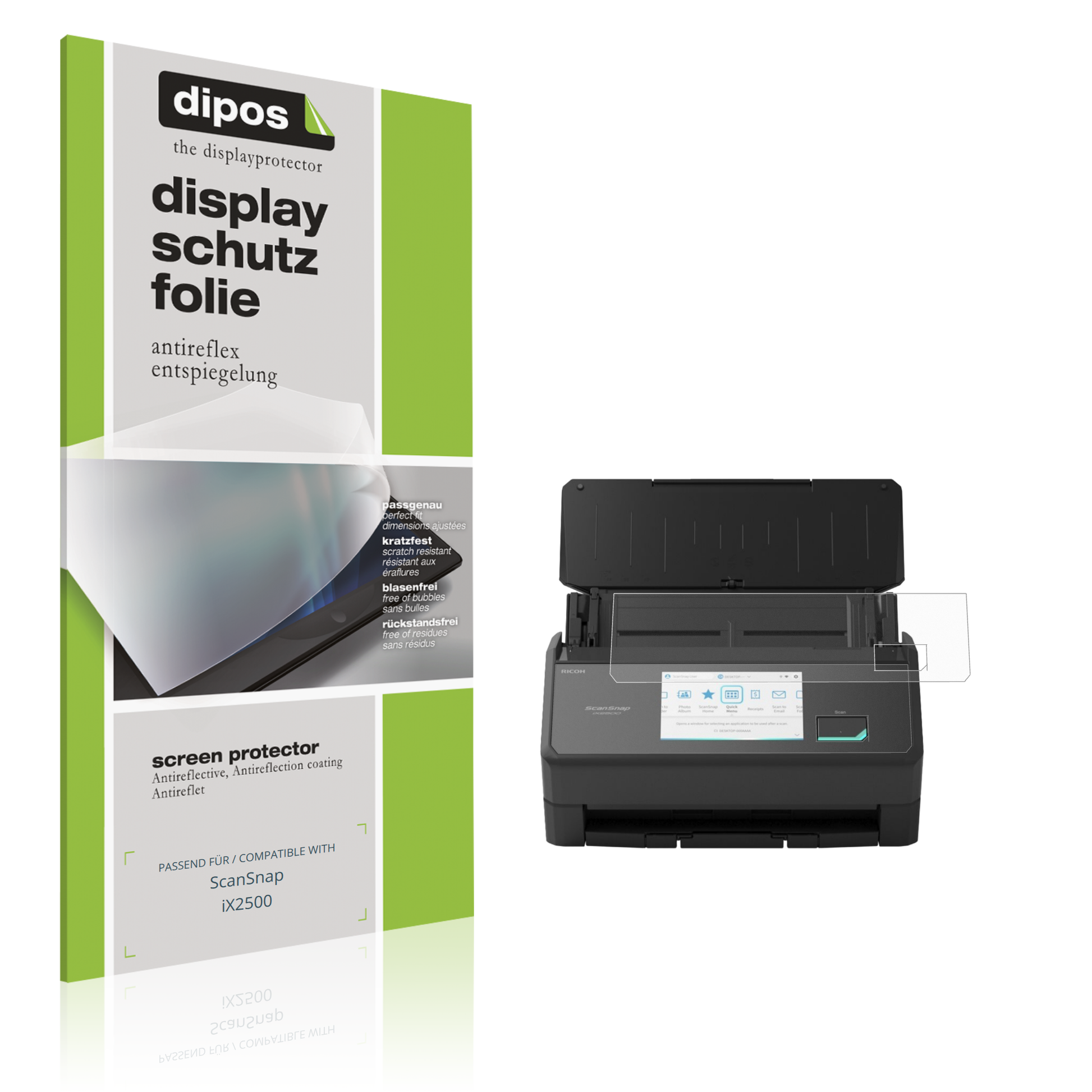 Matte Displayschutzfolie von dipos passend für ScanSnap iX2500, präziser Zuschnitt und blasenfrei montiert