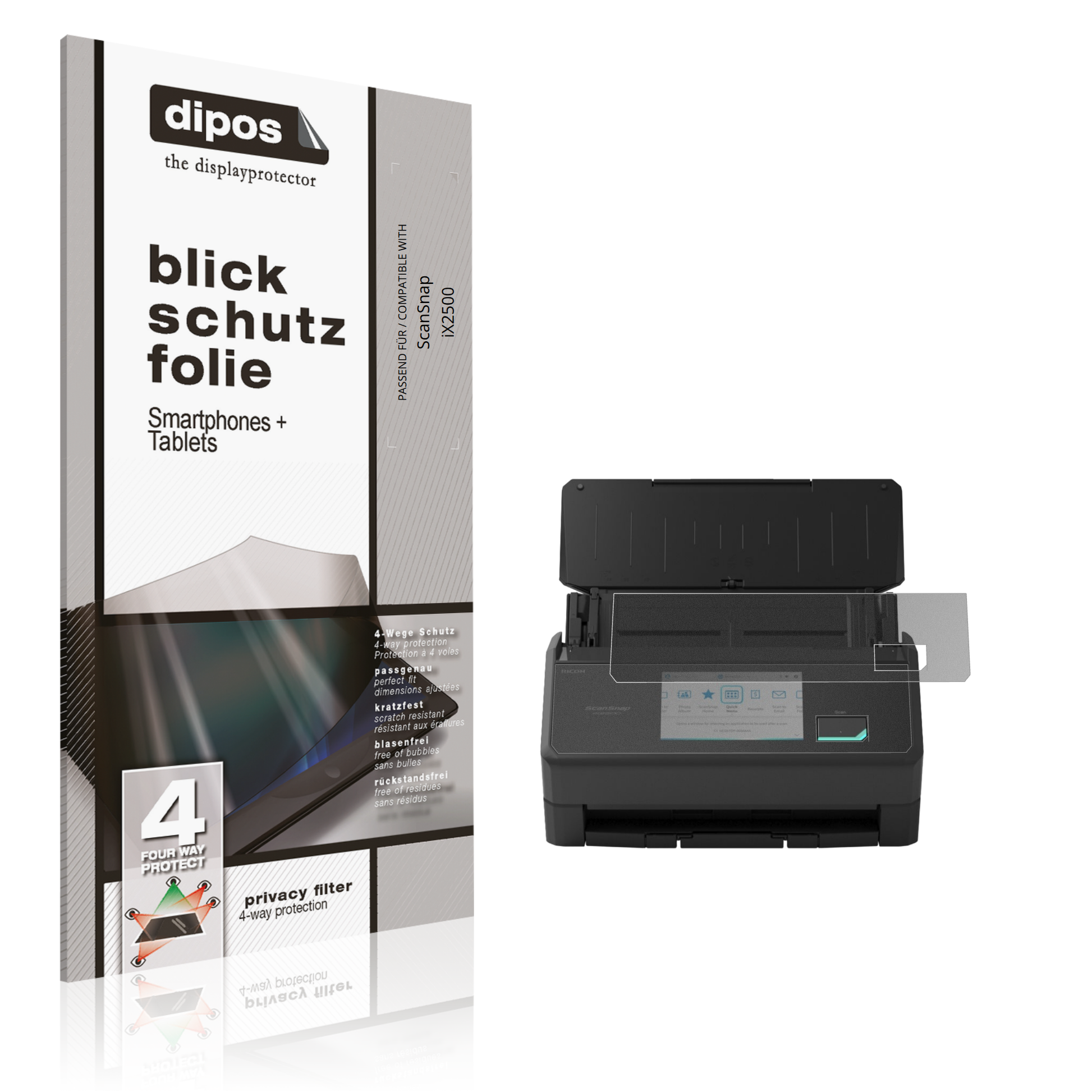 Blickschutzfolie von dipos passend für ScanSnap iX2500, präziser Zuschnitt und blasenfrei montiert