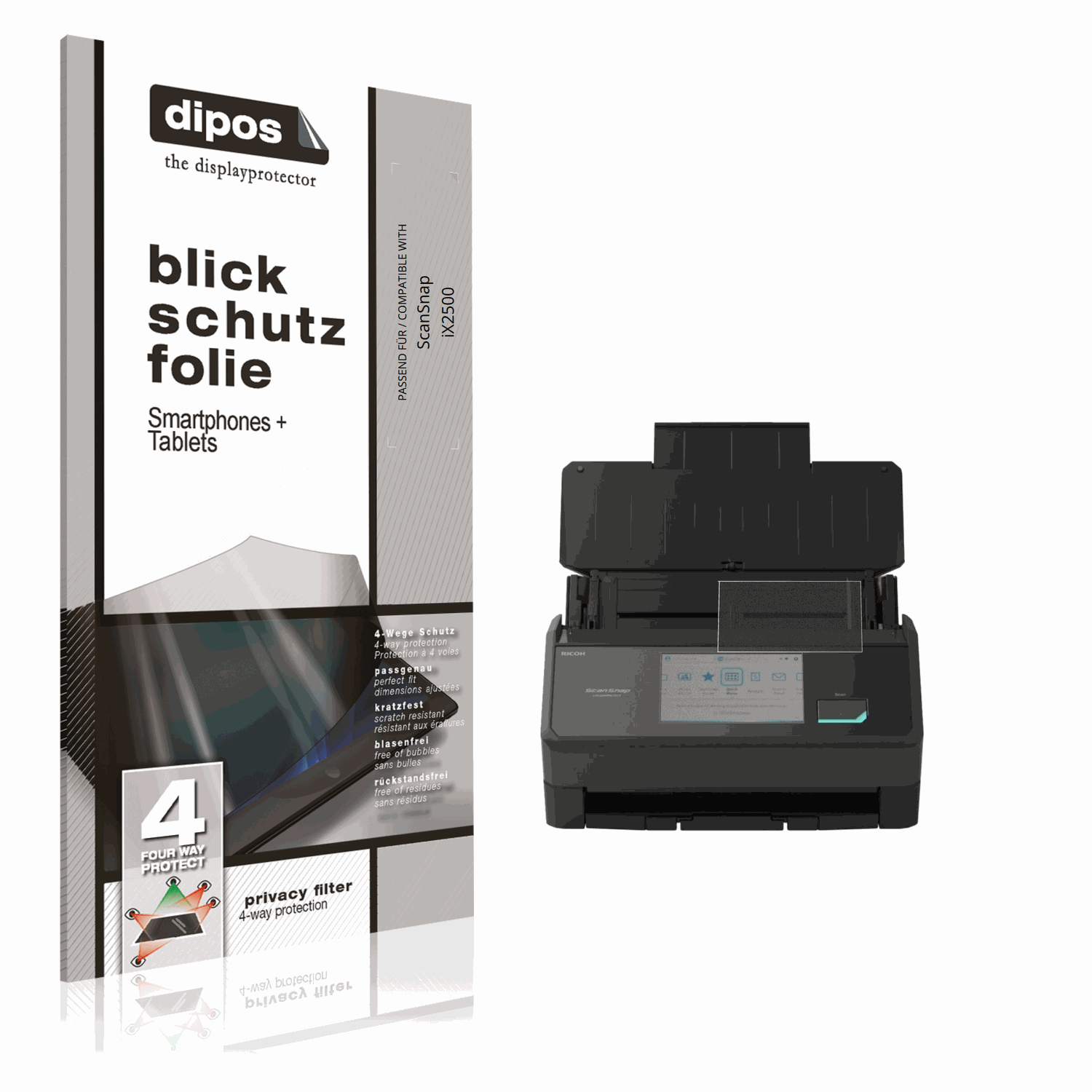 Blickschutzfolie von dipos passend für ScanSnap iX2500, präziser Zuschnitt und blasenfrei montiert