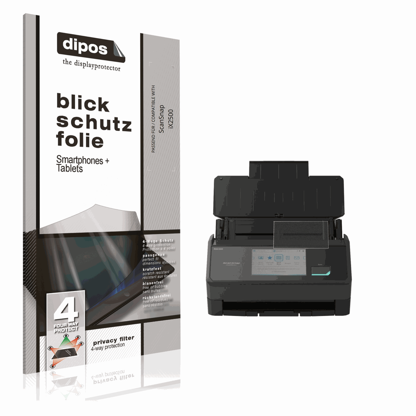Blickschutzfolie von dipos passend für ScanSnap iX2500, präziser Zuschnitt und blasenfrei montiert