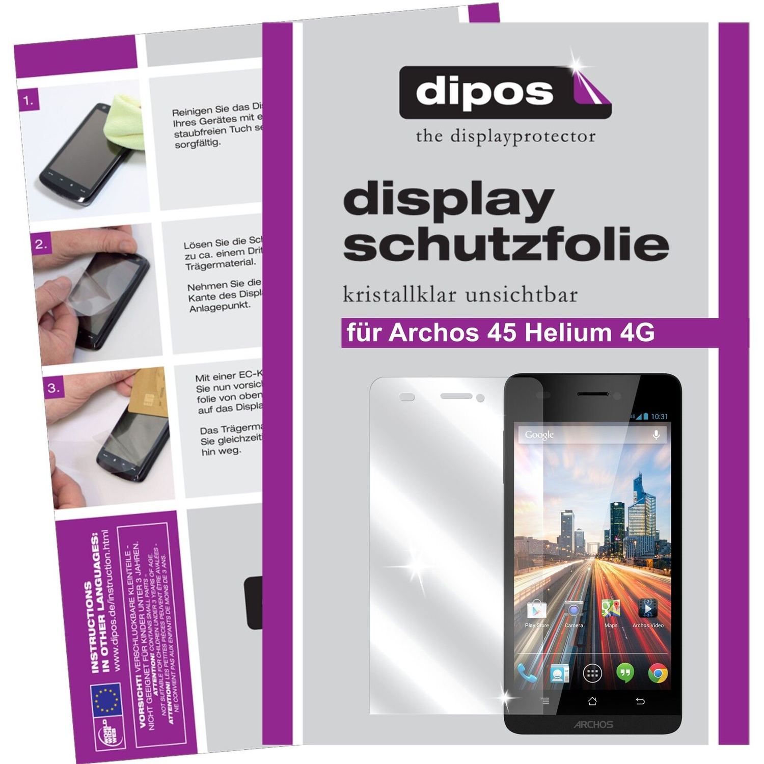 Klare Displayschutzfolie von dipos passend für 45 Helium 4G Archos, präziser Zuschnitt und blasenfrei montiert