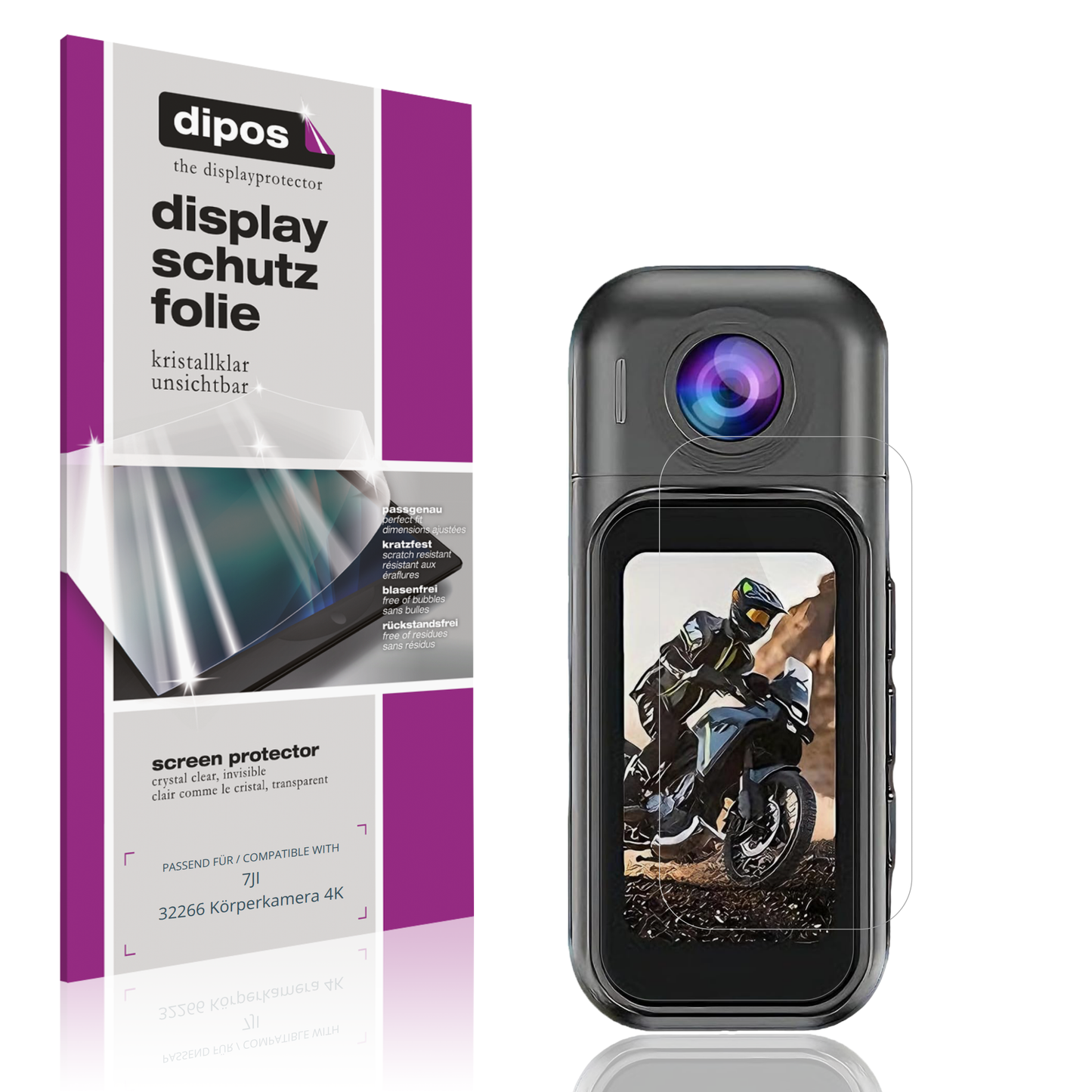 Klare Displayschutzfolie von dipos passend für 7JI 32266 Körperkamera 4K, präziser Zuschnitt und blasenfrei montiert