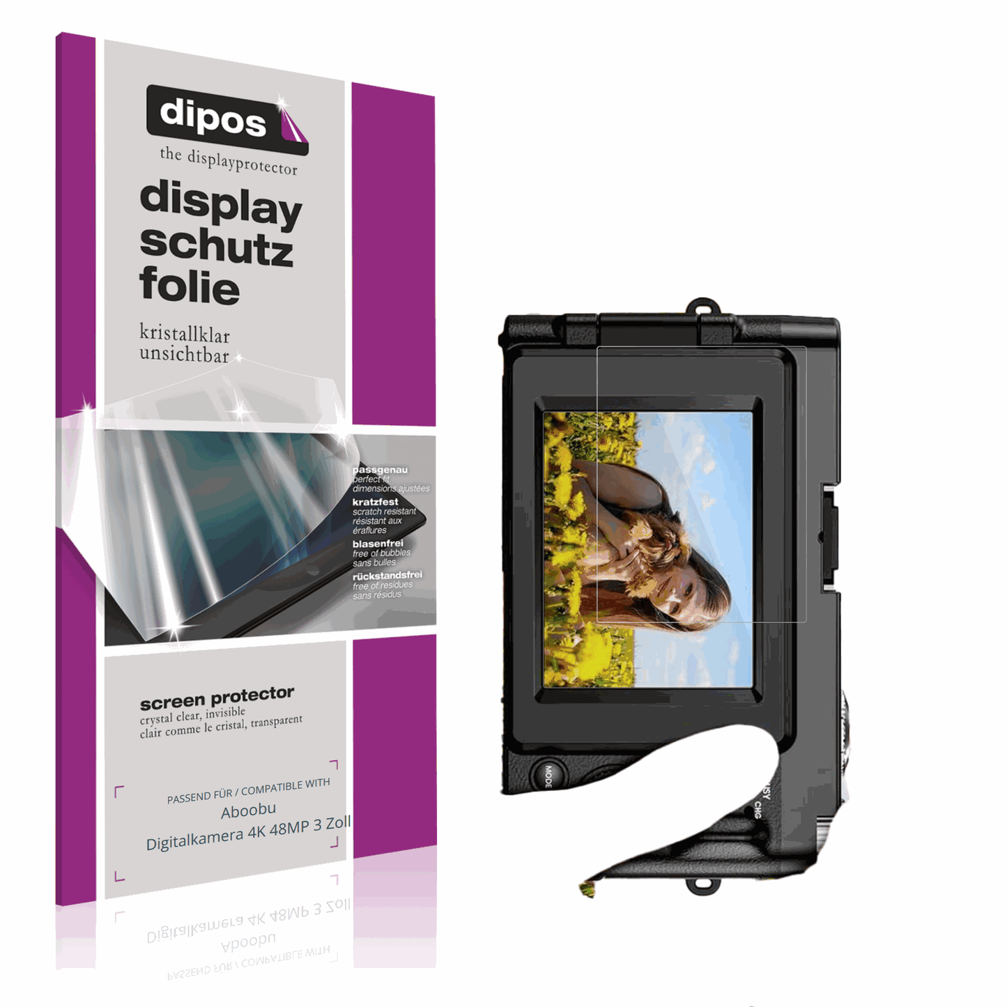 Klare Displayschutzfolie von dipos passend für Aboobu Digitalkamera 4K 48MP 3 Zoll, präziser Zuschnitt und blasenfrei montiert