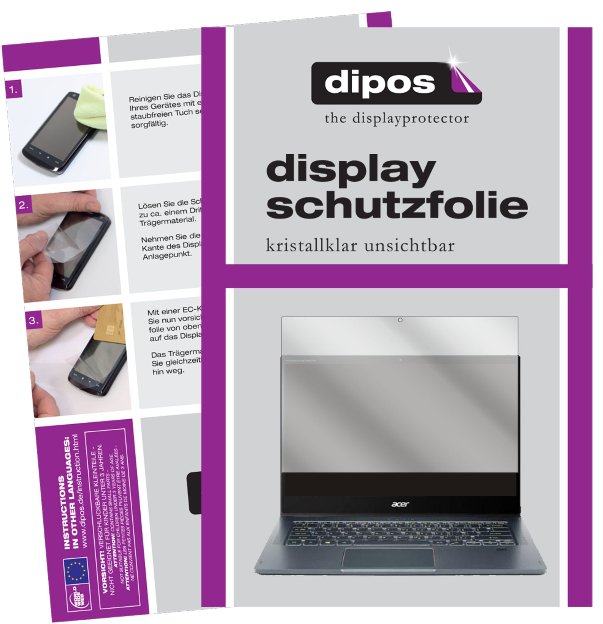 Klare Displayschutzfolie von dipos passend für Acer Spin 7 5G 14 Zoll, präziser Zuschnitt und blasenfrei montiert