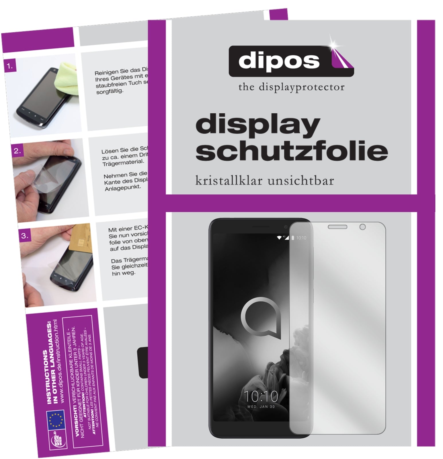 Klare Displayschutzfolie von dipos passend für Alcatel 1C (2019), präziser Zuschnitt und blasenfrei montiert