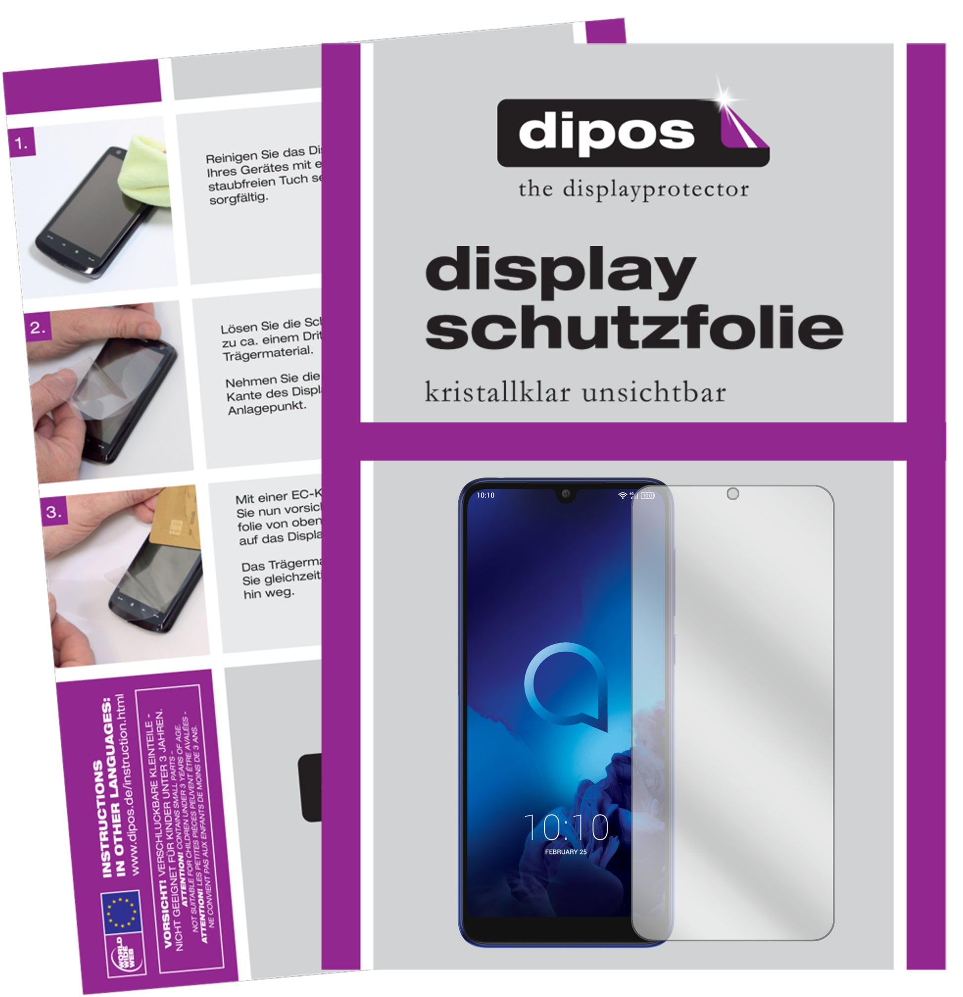 Klare Displayschutzfolie von dipos passend für Alcatel 3L, präziser Zuschnitt und blasenfrei montiert