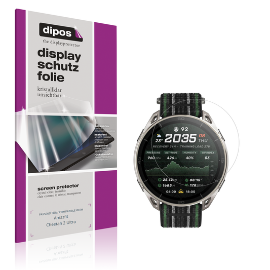 Klare Displayschutzfolie von dipos passend für Amazfit Cheetah 2 Ultra, präziser Zuschnitt und blasenfrei montiert