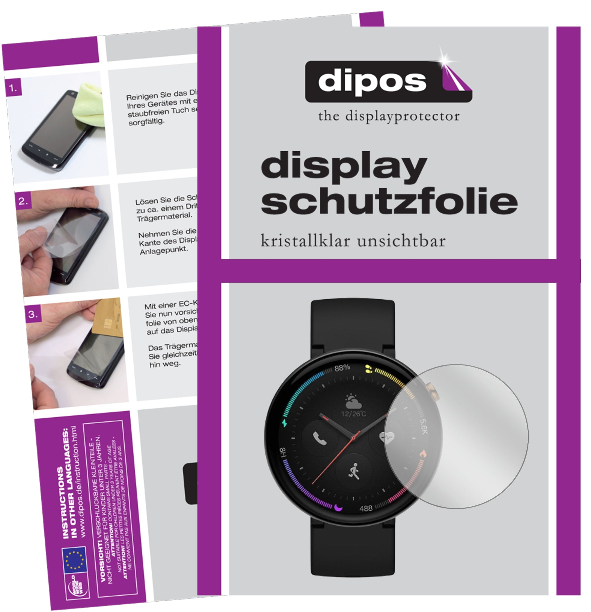 Klare Displayschutzfolie von dipos passend für Amazfit Verge 2, präziser Zuschnitt und blasenfrei montiert