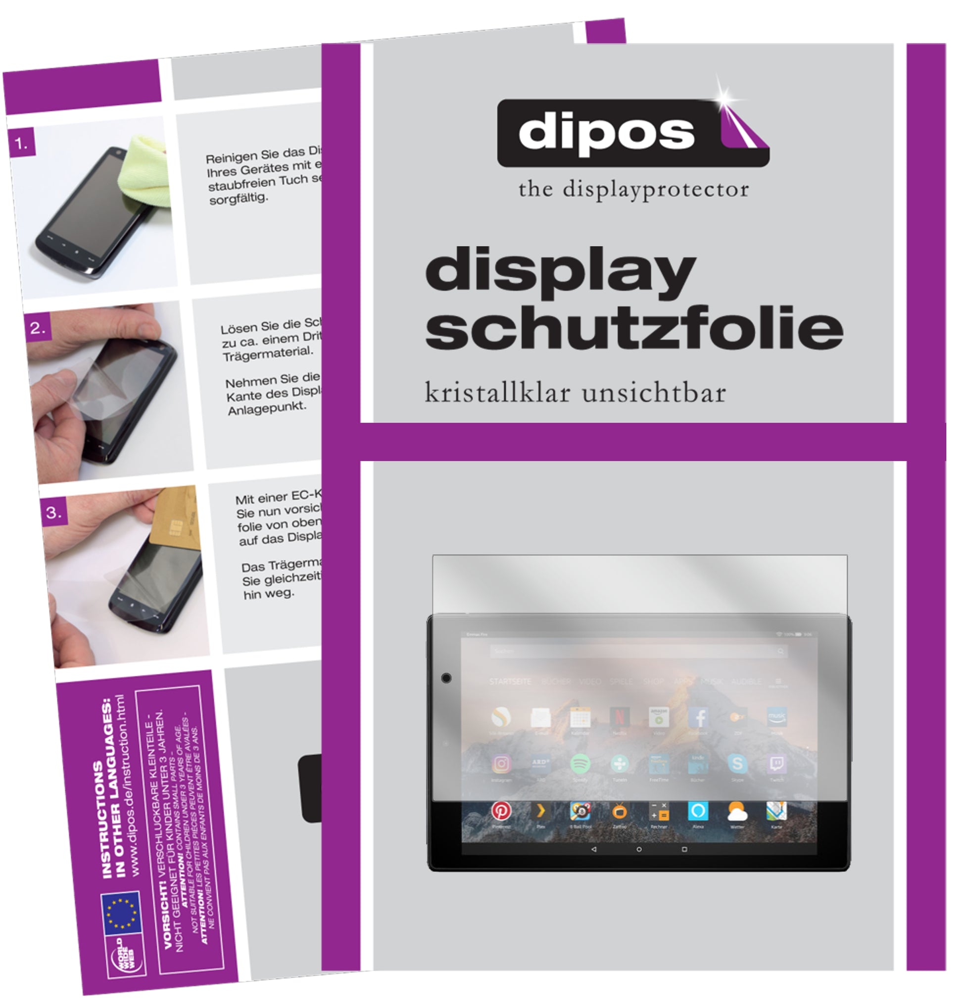 Klare Displayschutzfolie von dipos passend für Amazon Fire HD 10 (2019), präziser Zuschnitt und blasenfrei montiert