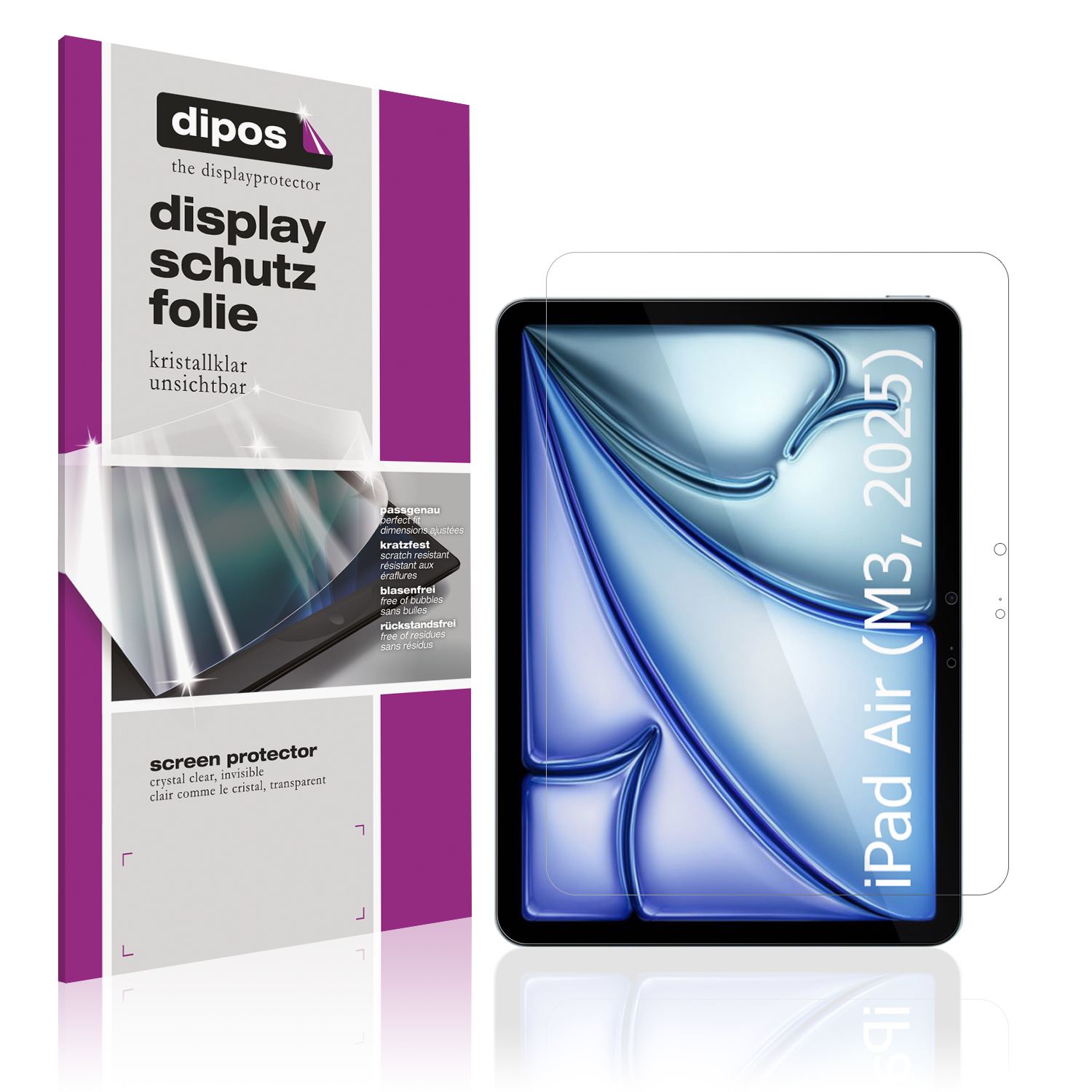 Klare Displayschutzfolie von dipos passend für Apple iPad Air 11 Zoll M3 7. Gen 2025, präziser Zuschnitt und blasenfrei montiert