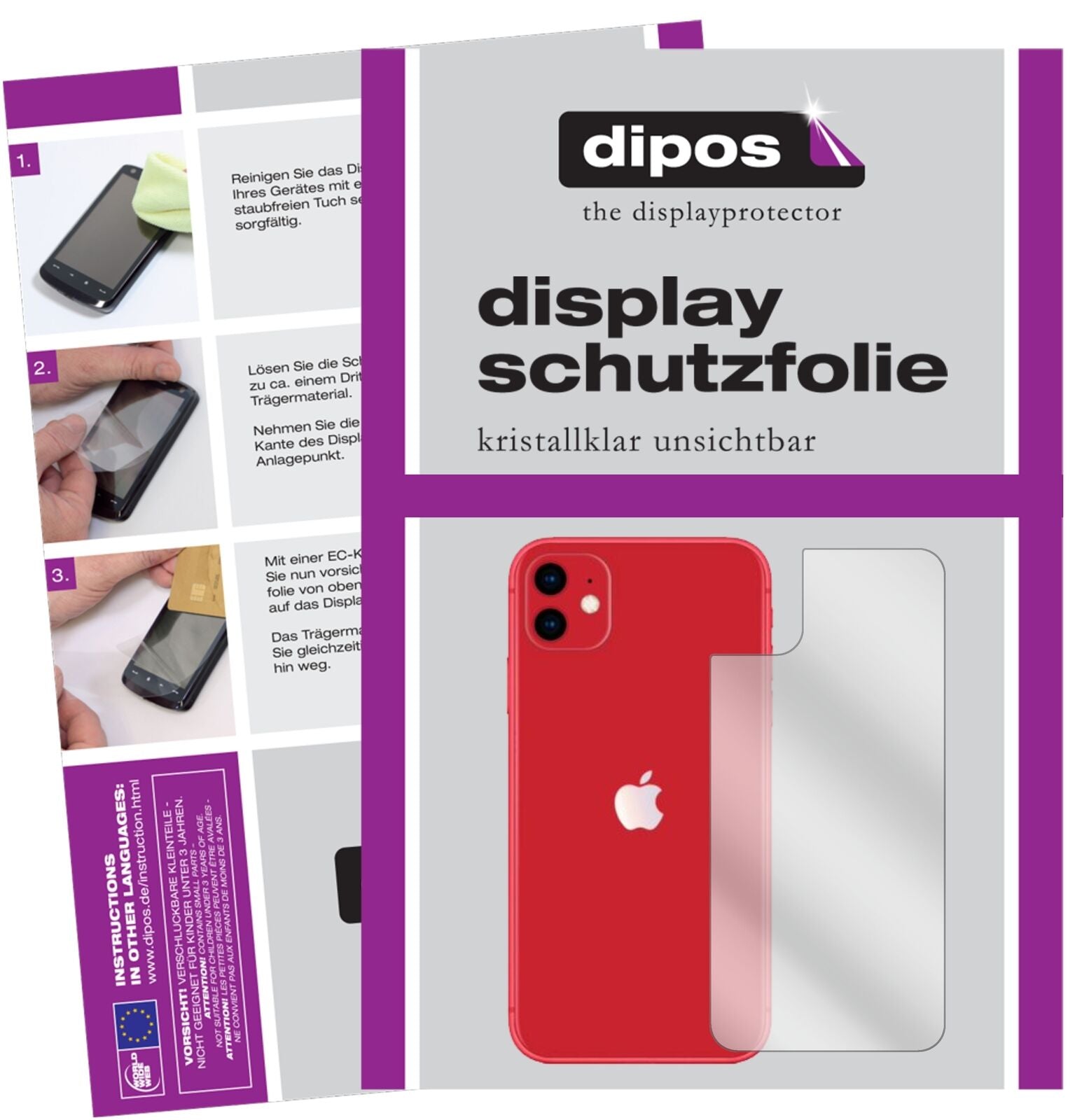 Klare Displayschutzfolie von dipos passend für Apple iPhone 11 Rückseite, präziser Zuschnitt und blasenfrei montiert