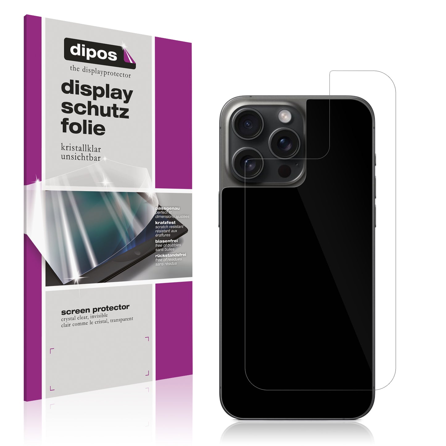 Klare Displayschutzfolie von dipos passend für Apple iPhone 15 Pro Rückseite, präziser Zuschnitt und blasenfrei montiert