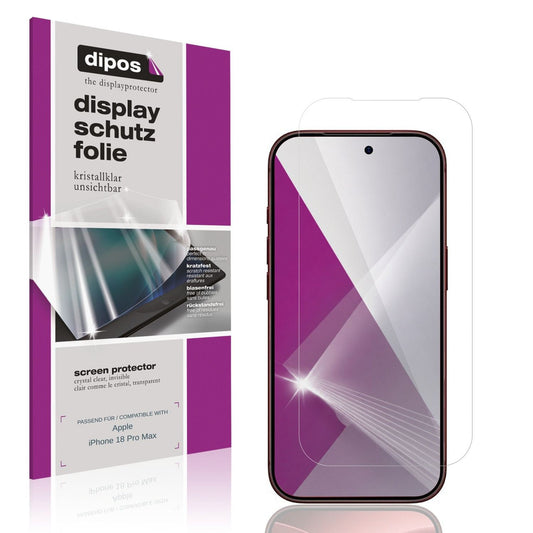 Klare Displayschutzfolie von dipos passend für Apple iPhone 18 Pro Max, präziser Zuschnitt und blasenfrei montiert