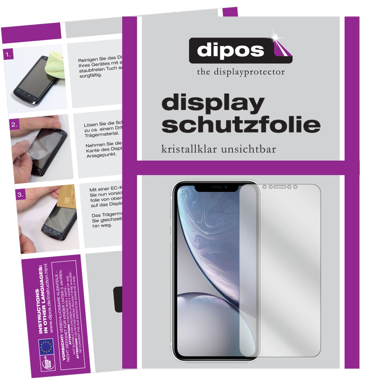 Klare Displayschutzfolie von dipos passend für Apple iPhone XR, präziser Zuschnitt und blasenfrei montiert