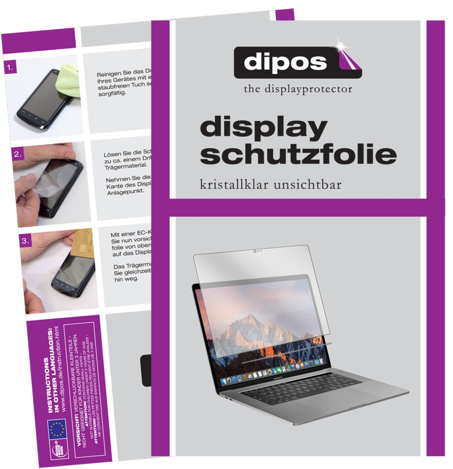Klare Displayschutzfolie von dipos passend für Apple MacBook Pro 15 Zoll (2019) Touchbar, präziser Zuschnitt und blasenfrei montiert