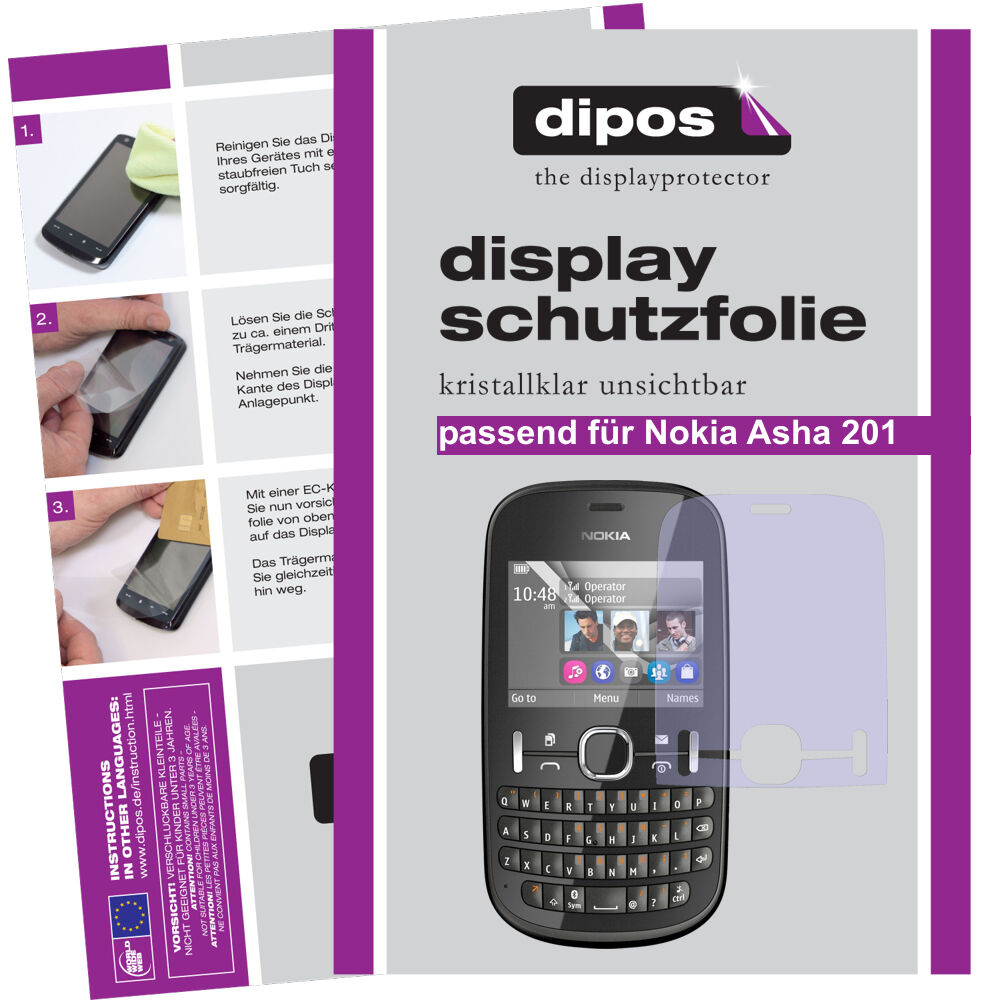 Klare Displayschutzfolie von dipos passend für Asha 201 Nokia, präziser Zuschnitt und blasenfrei montiert