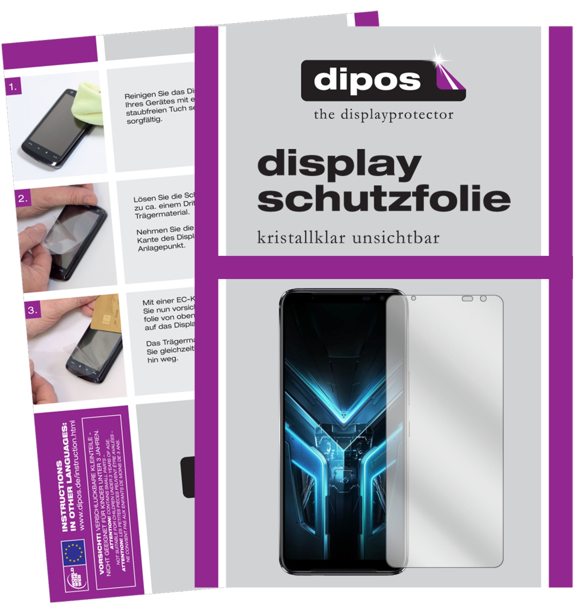 Klare Displayschutzfolie von dipos passend für Asus ROG Phone 3, präziser Zuschnitt und blasenfrei montiert