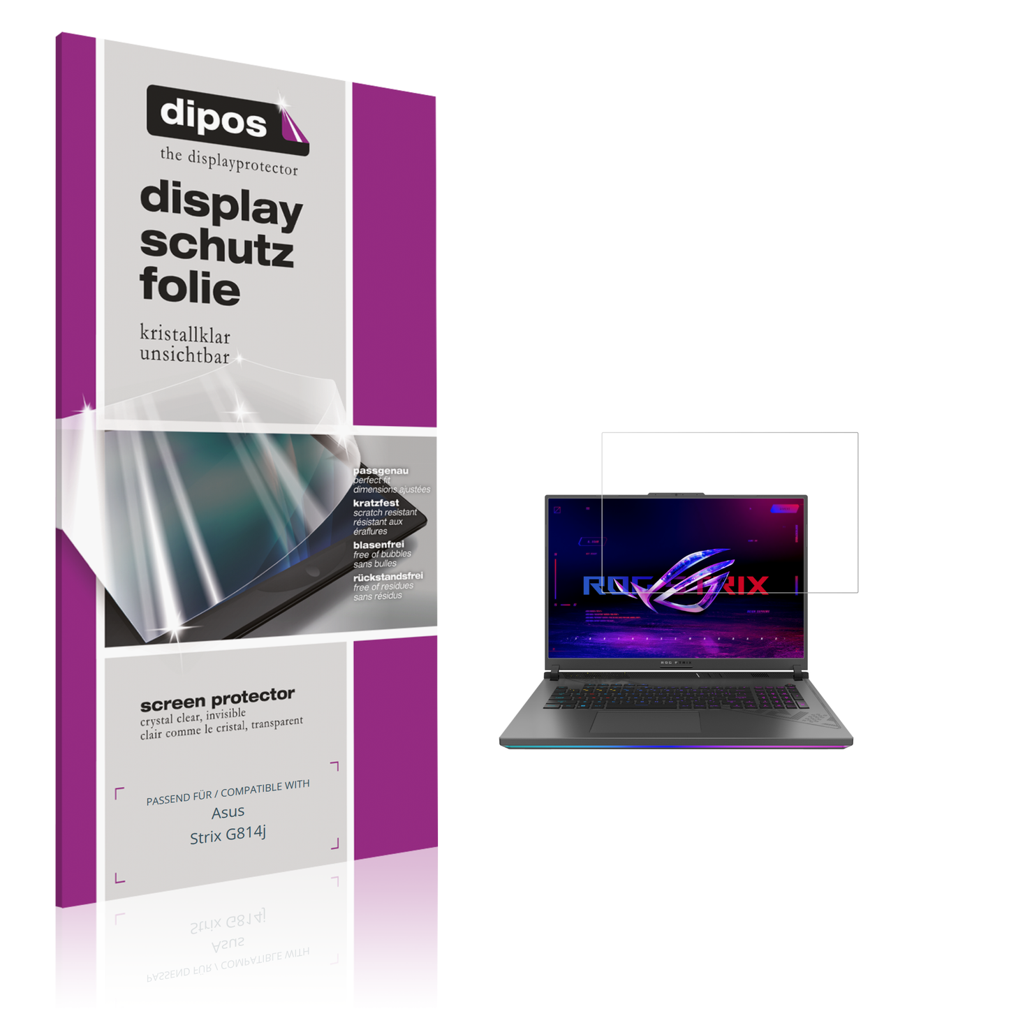 Klare Displayschutzfolie von dipos passend für Asus Strix G814j, präziser Zuschnitt und blasenfrei montiert