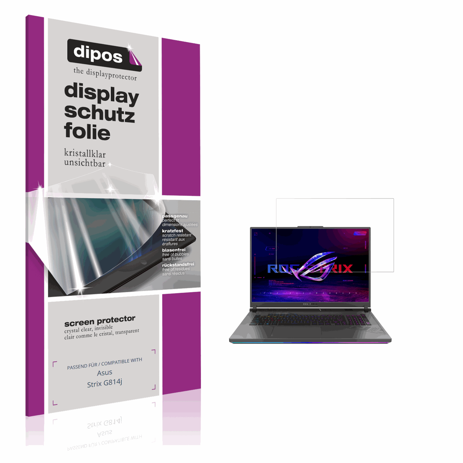 Klare Displayschutzfolie von dipos passend für Asus Strix G814j, präziser Zuschnitt und blasenfrei montiert