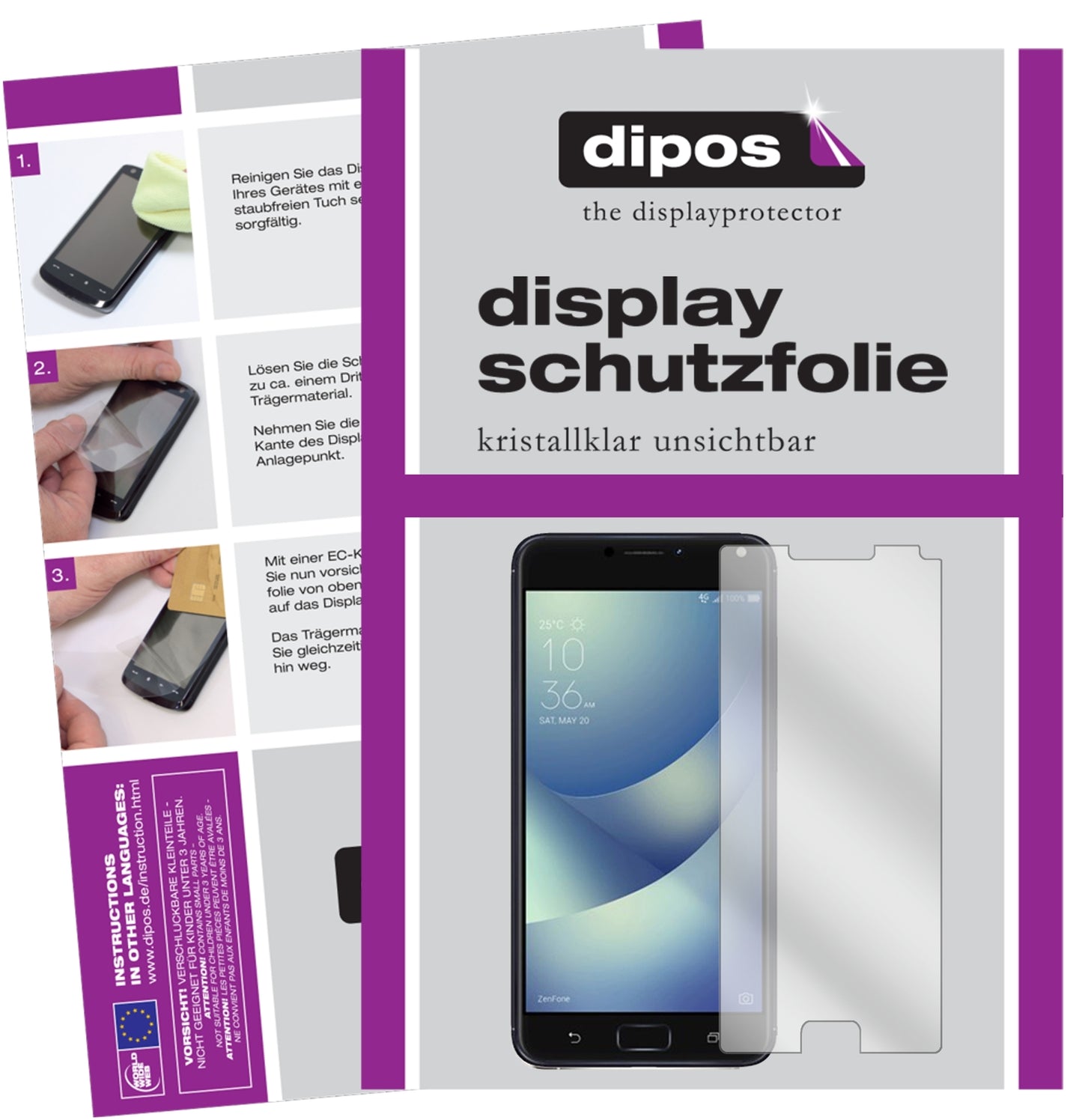 Klare Displayschutzfolie von dipos passend für Asus Zenfone 4 Max 5,2 Zoll ZC520KL, präziser Zuschnitt und blasenfrei montiert