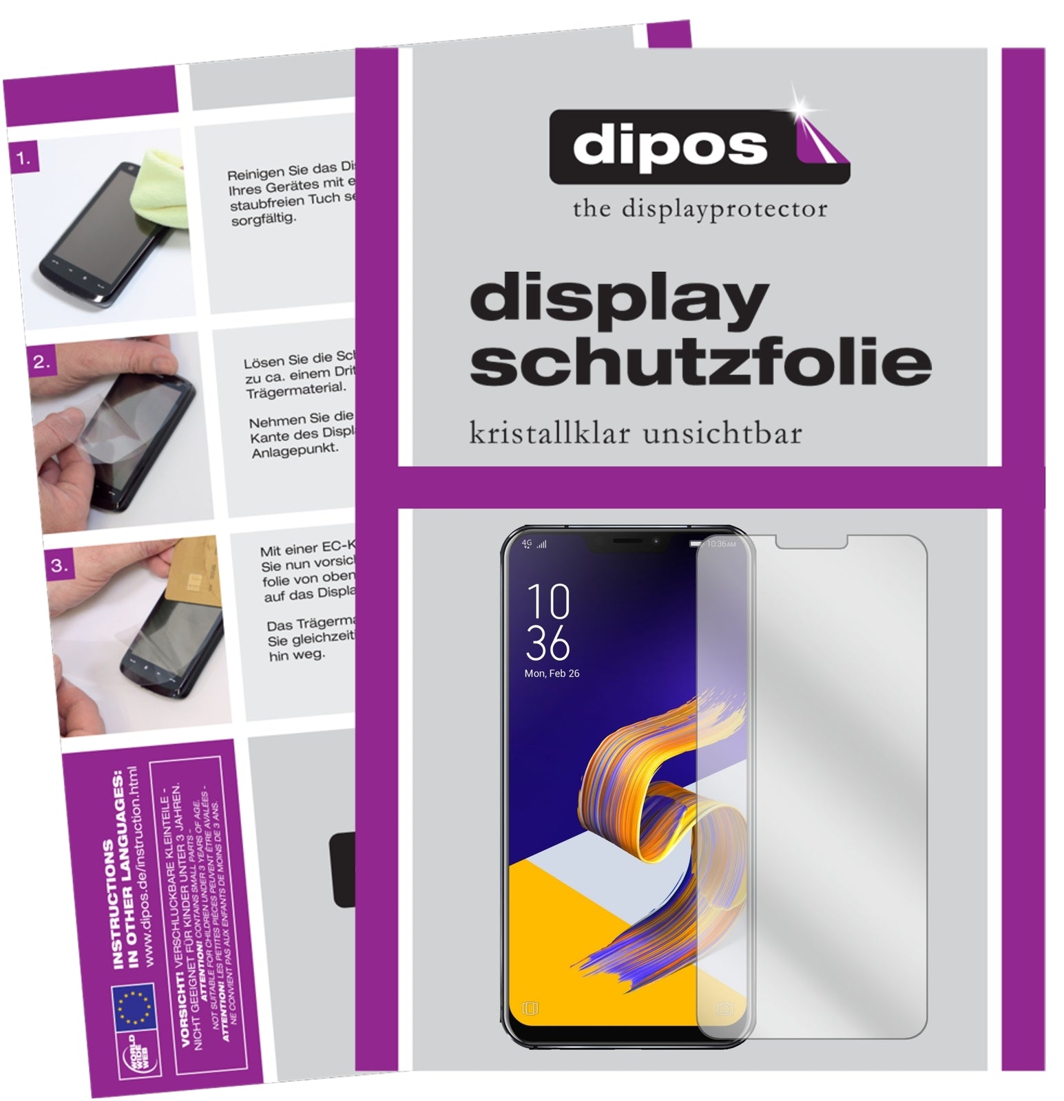 Klare Displayschutzfolie von dipos passend für Asus Zenfone 5 ZE620KL, präziser Zuschnitt und blasenfrei montiert
