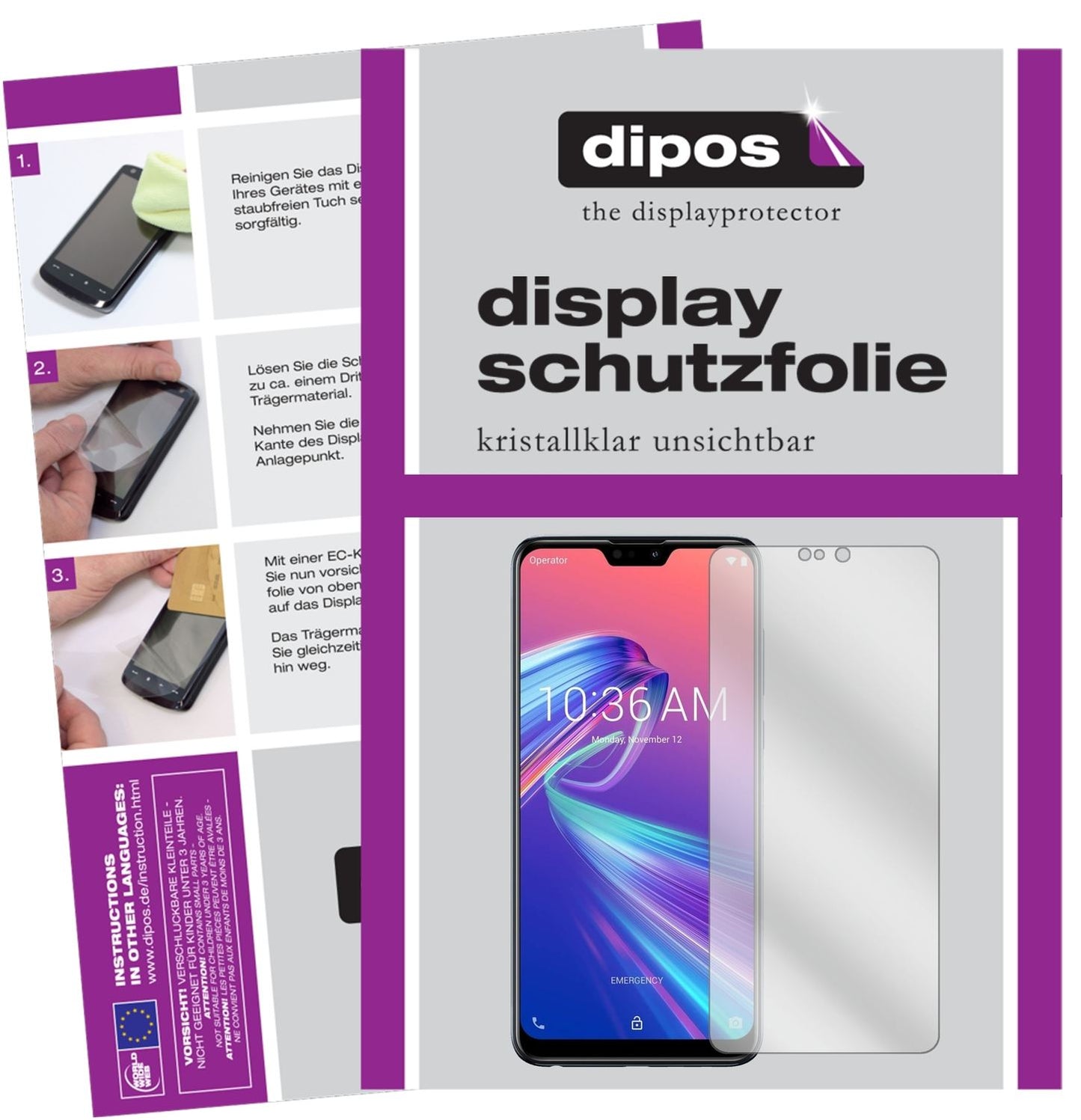 Klare Displayschutzfolie von dipos passend für Asus ZenFone Max Pro (M2), präziser Zuschnitt und blasenfrei montiert
