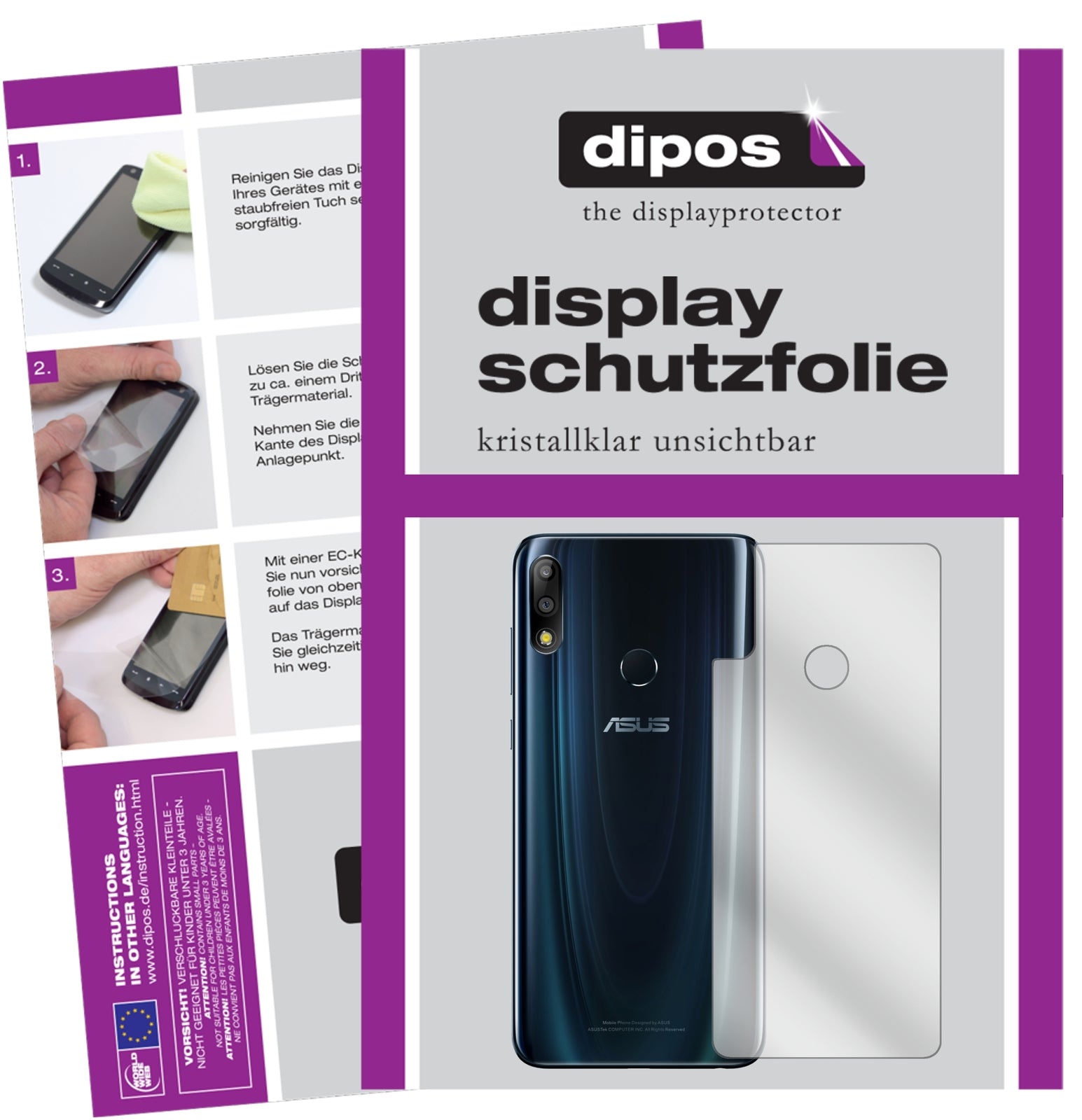 Klare Displayschutzfolie von dipos passend für Asus ZenFone Max Pro (M2) Rückseite, präziser Zuschnitt und blasenfrei montiert