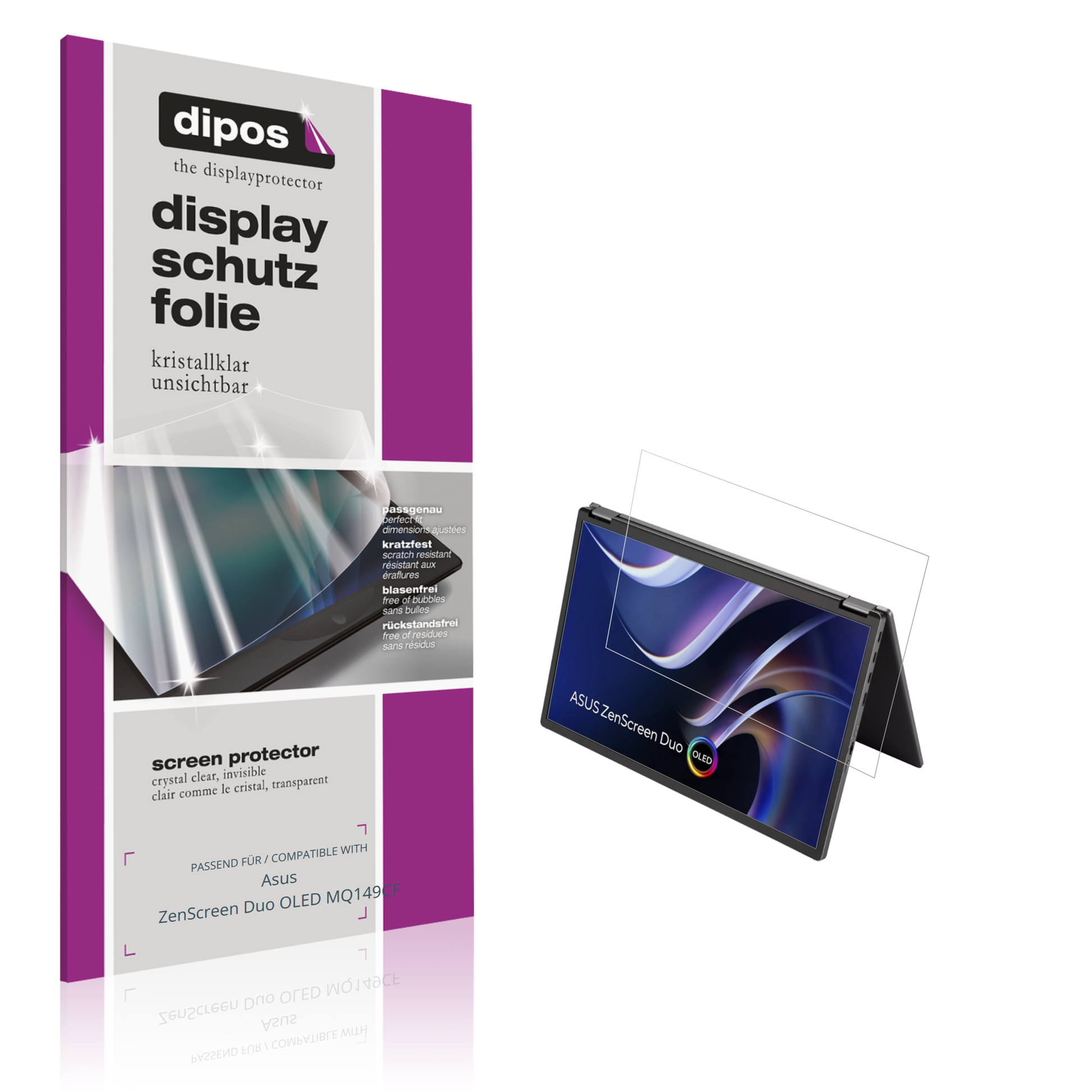 Klare Displayschutzfolie von dipos passend für Asus ZenScreen Duo OLED MQ149CF, präziser Zuschnitt und blasenfrei montiert
