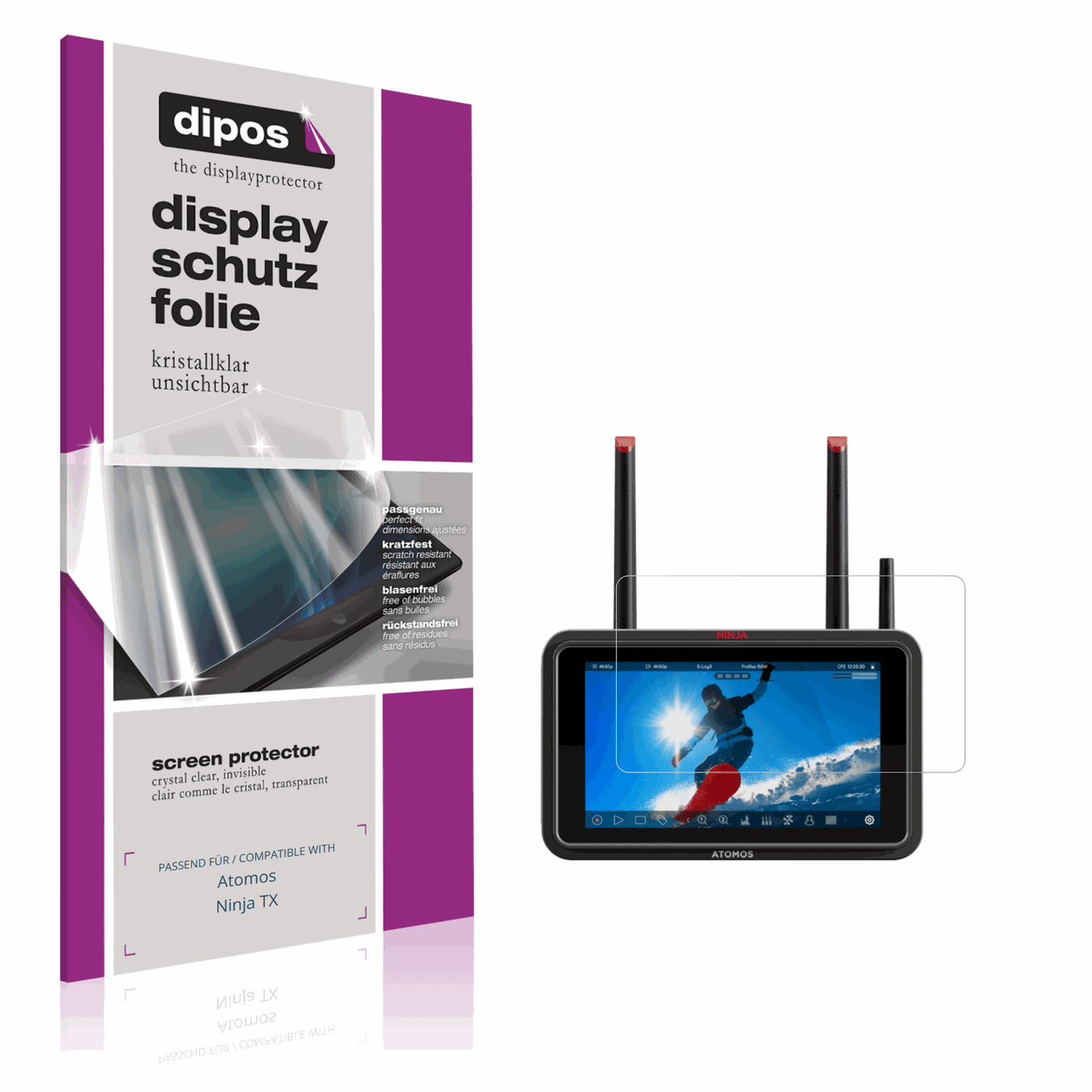 Klare Displayschutzfolie von dipos passend für Atomos Ninja TX, präziser Zuschnitt und blasenfrei montiert