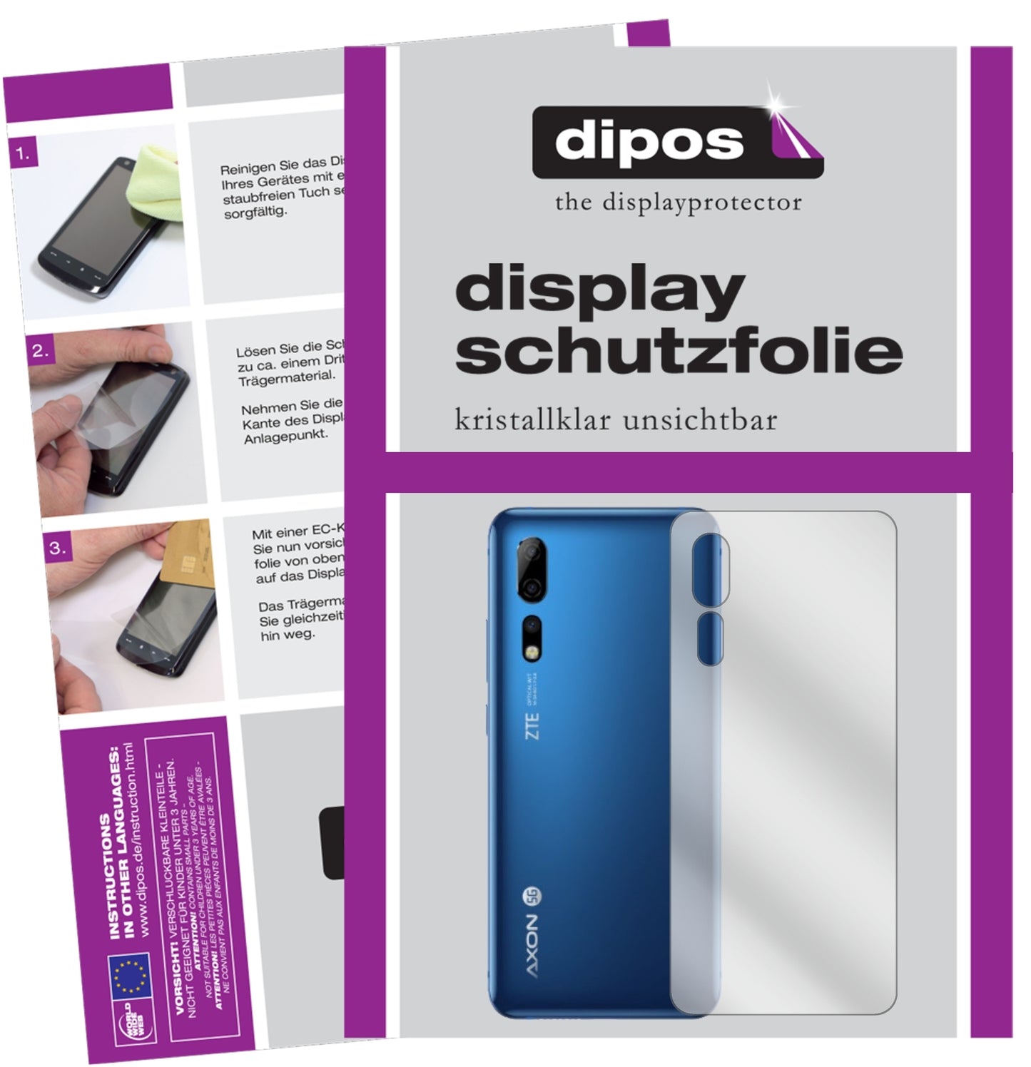 Klare Displayschutzfolie von dipos passend für Axon 10 Pro Rückseite, präziser Zuschnitt und blasenfrei montiert