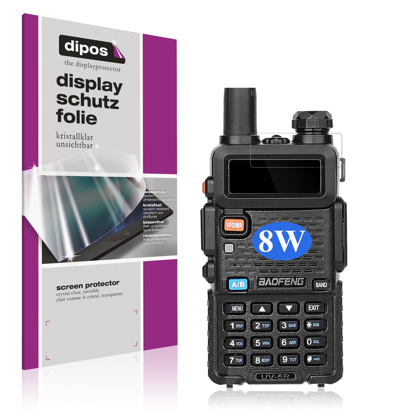Klare Displayschutzfolie von dipos passend für BAOFENG BF UV-5R, präziser Zuschnitt und blasenfrei montiert