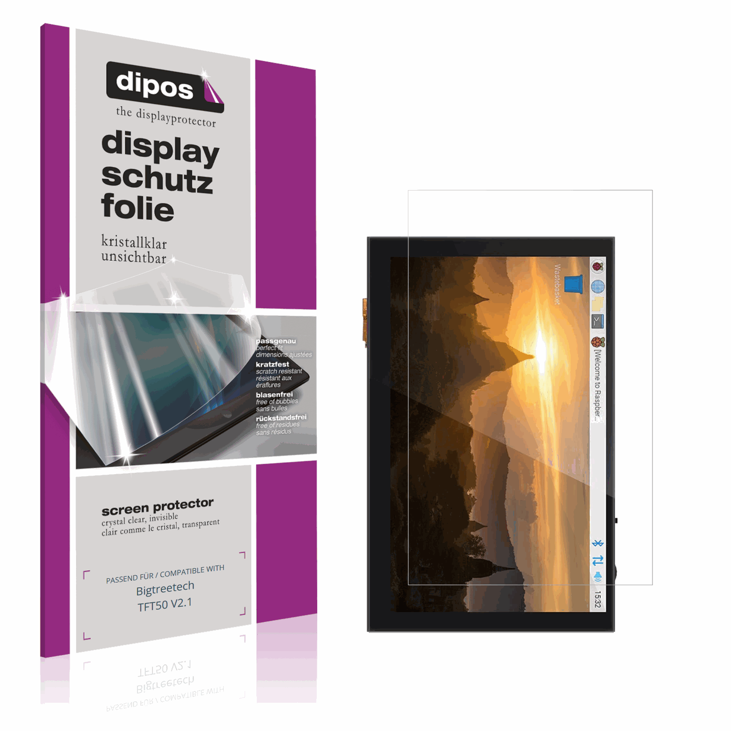 Klare Displayschutzfolie von dipos passend für Bigtreetech TFT50 V2.1, präziser Zuschnitt und blasenfrei montiert