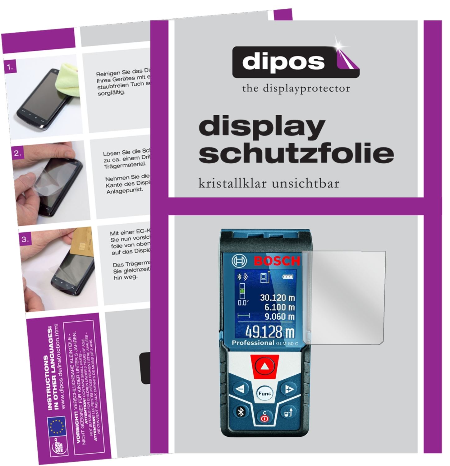 Klare Displayschutzfolie von dipos passend für Bosch Professional GLM 50 C, präziser Zuschnitt und blasenfrei montiert